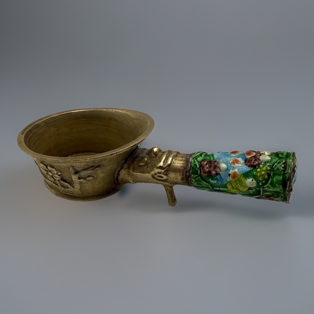 Vintage 1960's Brass Chinese Silk Iron With Enamel  Cloisonné Handle Scoop